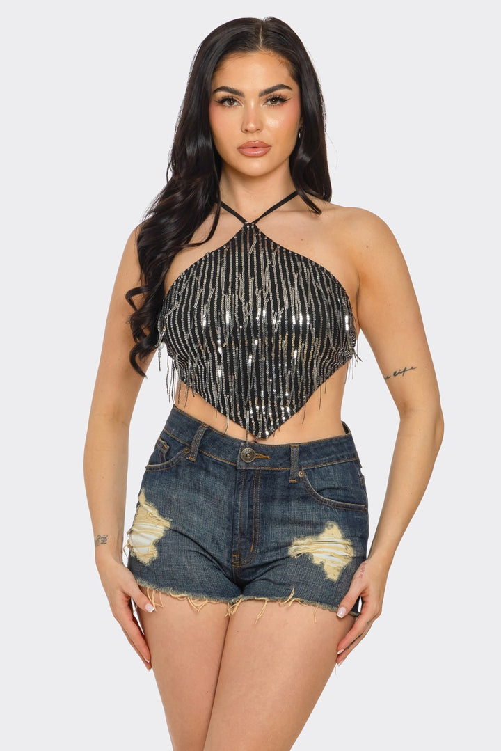 Fringe Sequin Open Back Top