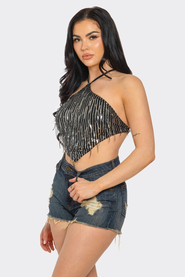 Fringe Sequin Open Back Top