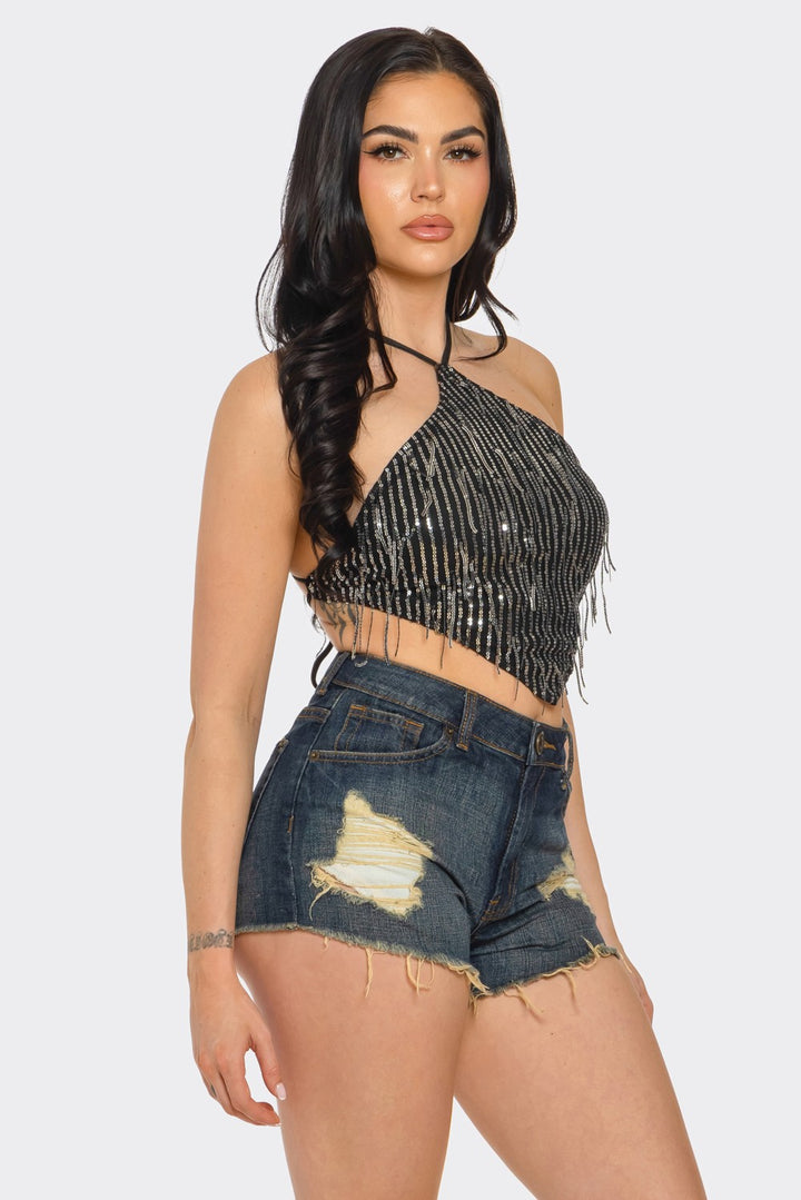 Fringe Sequin Open Back Top