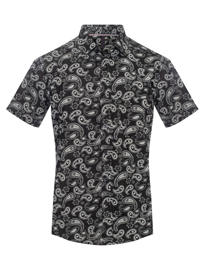 Black Paisley Print Button-Up Polo