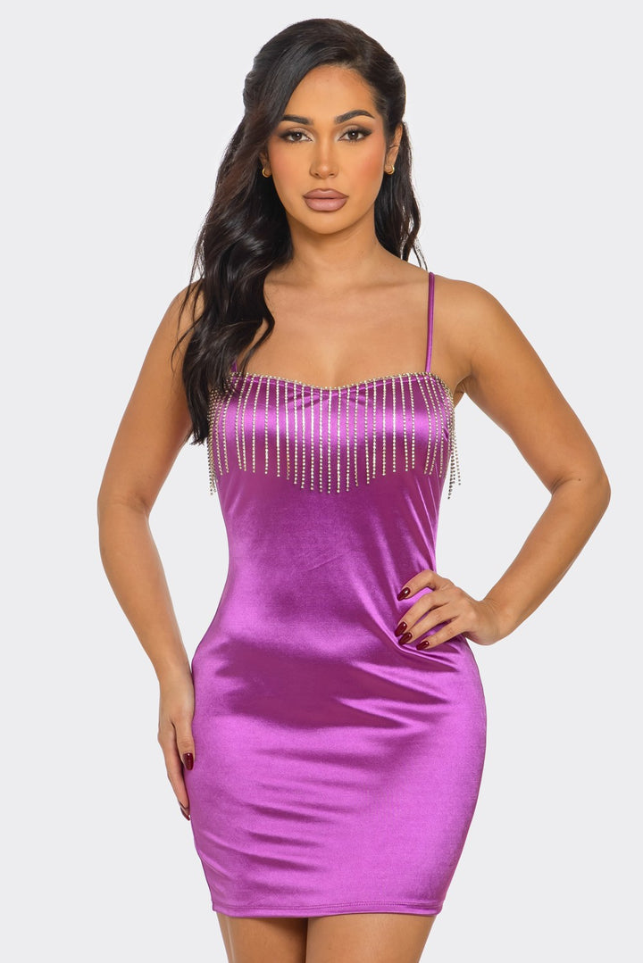 Mini Dress with Rhinestone Fringe Detail