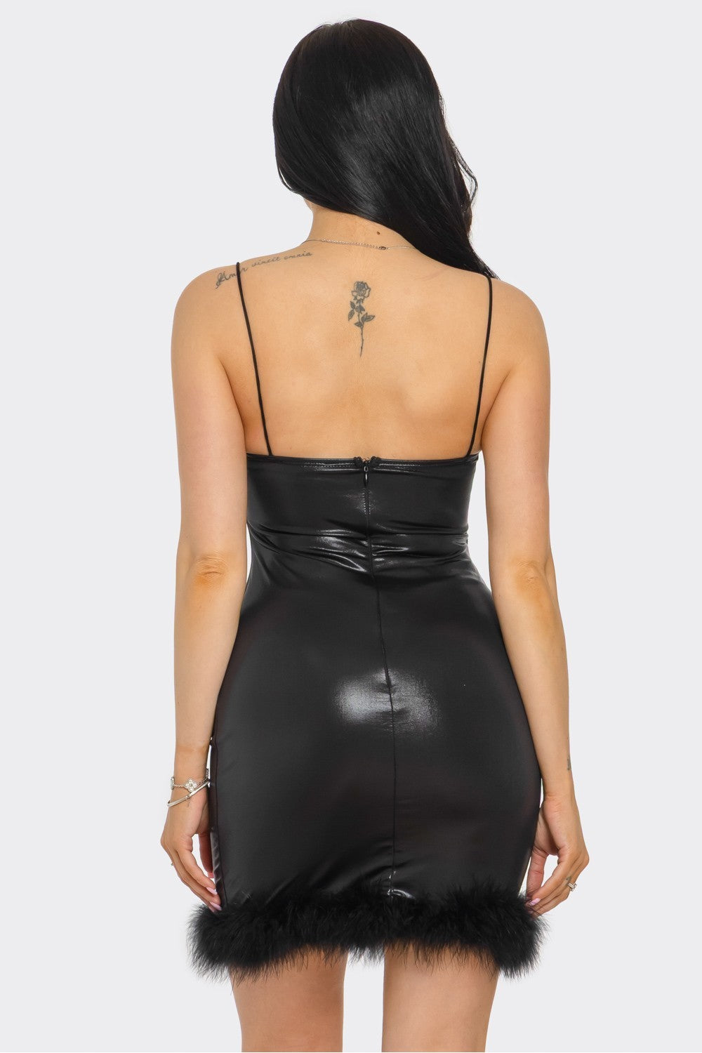Faux Leather Metallic Mini Dress with Feather Trim