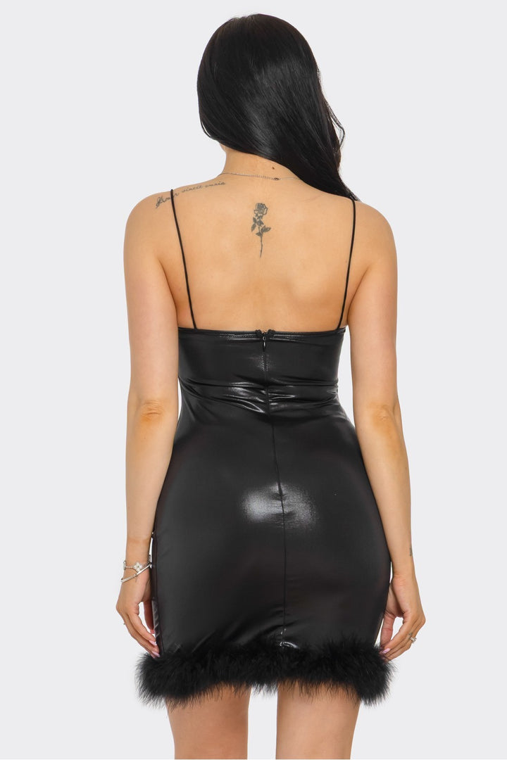 Faux Leather Metallic Mini Dress with Feather Trim