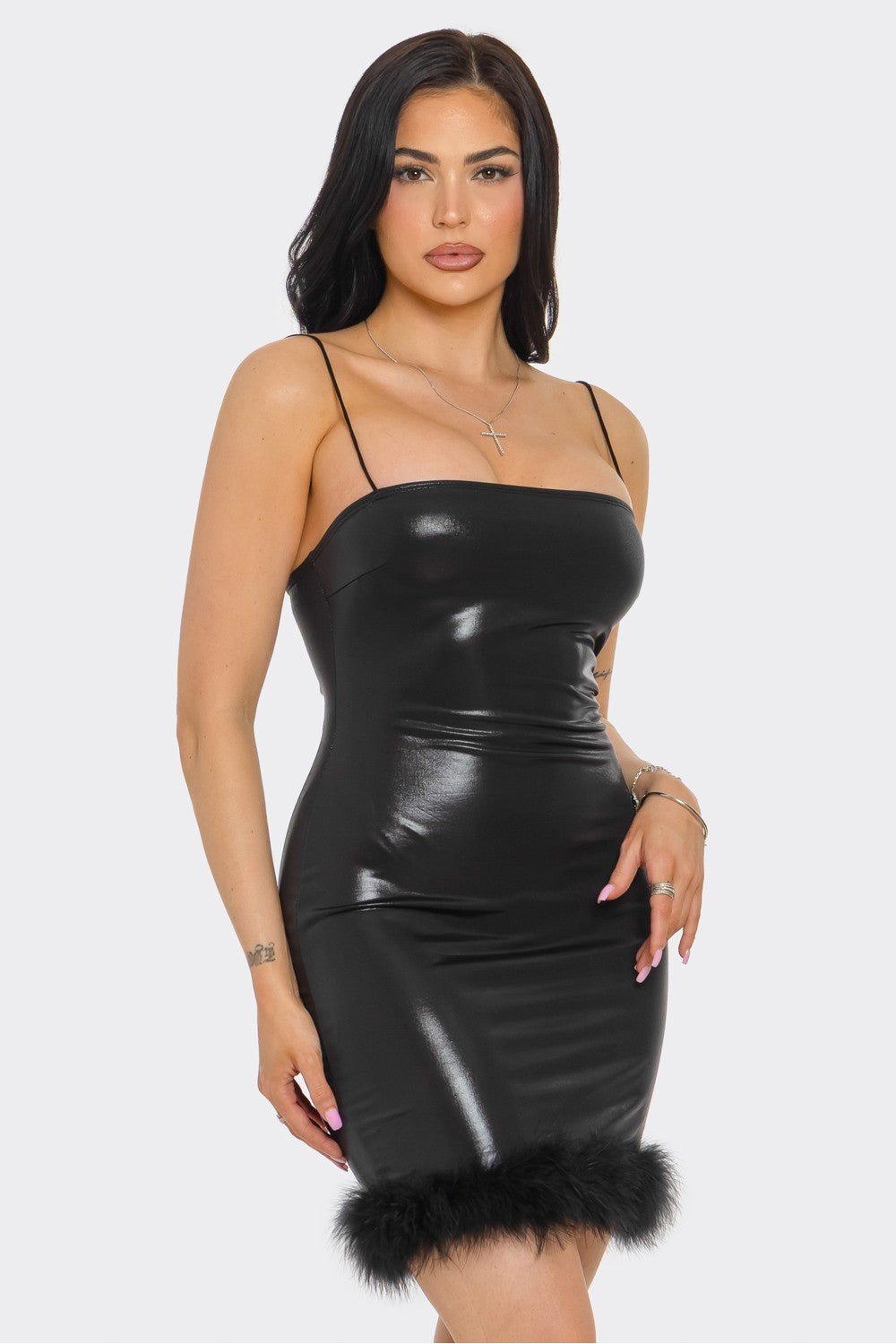 Faux Leather Metallic Mini Dress with Feather Trim