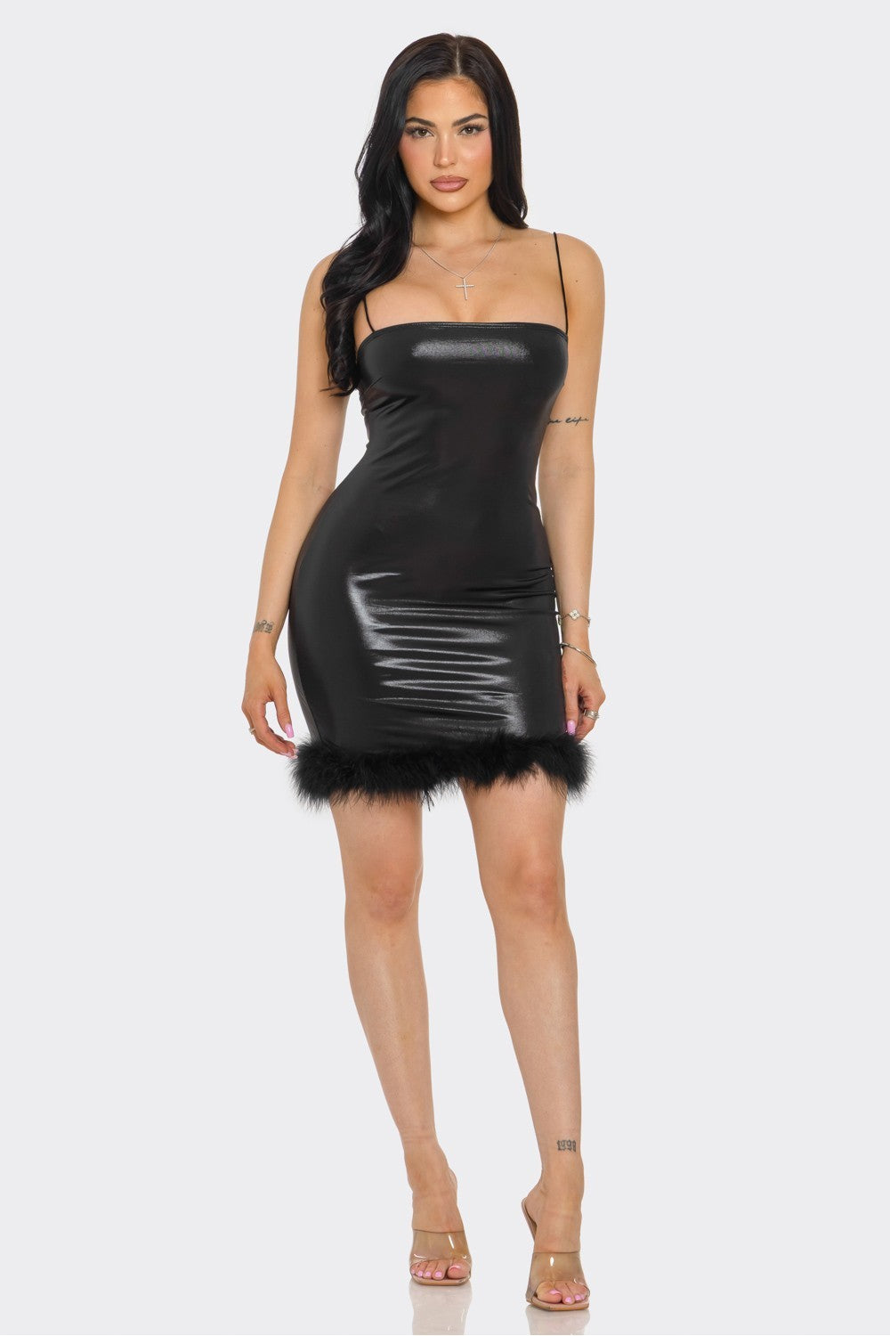 Faux Leather Metallic Mini Dress with Feather Trim