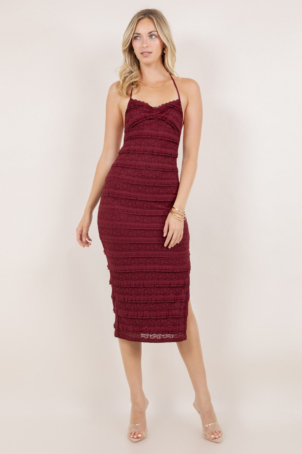 Midnight Ruffle Textured Halter Midi Dress