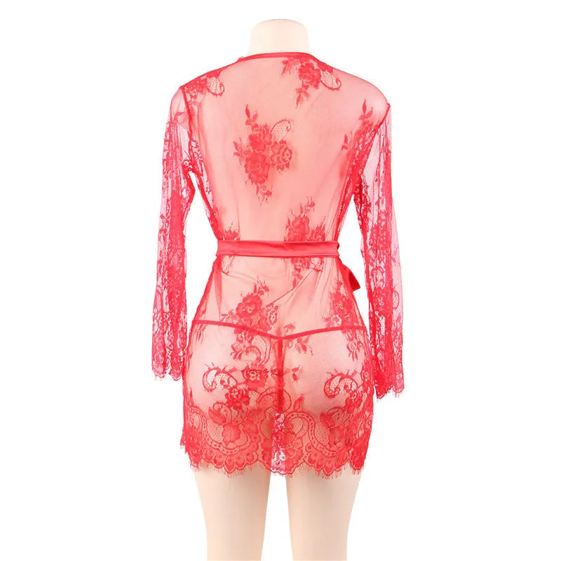 Red Sheer Lace Robe Lingerie Set