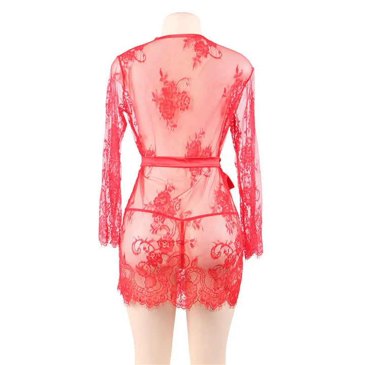 Red Sheer Lace Robe Lingerie Set