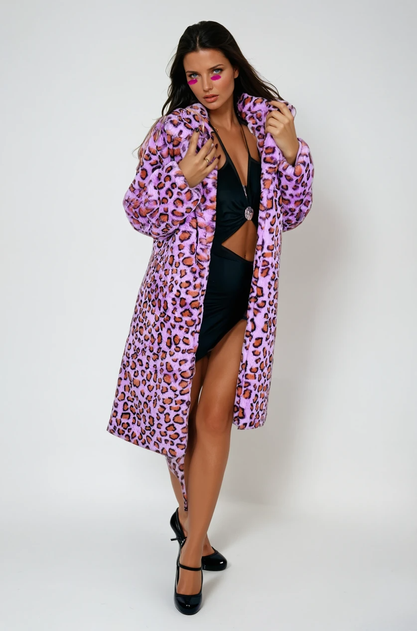 Faux Fur Leopard Print Mid-Length Coat