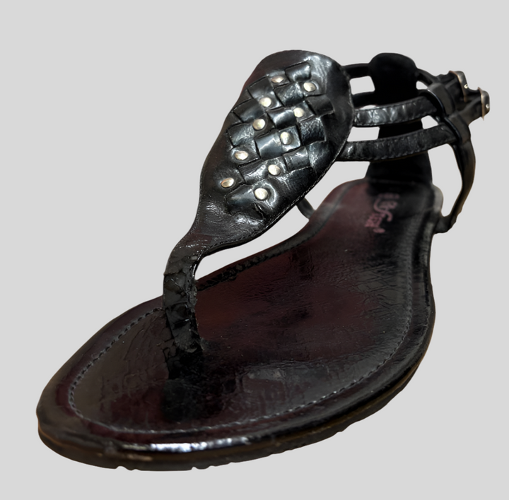 Leatherette Studded Hook and Loop Belted Thong Sandal