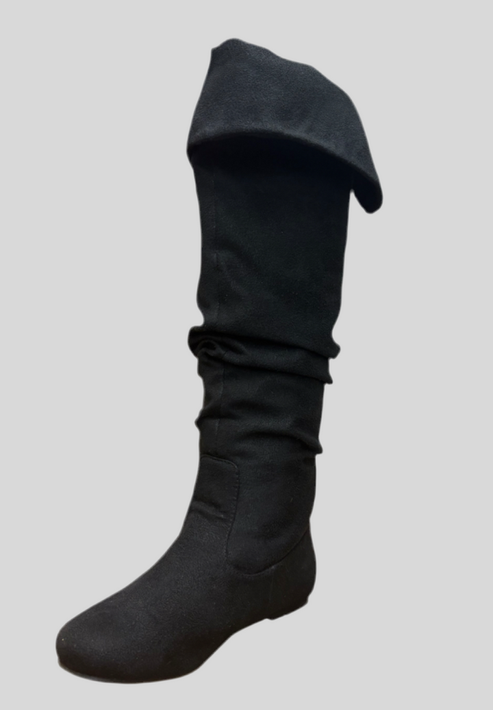 Black Fold Over Full Calf High Faux Suede Boots