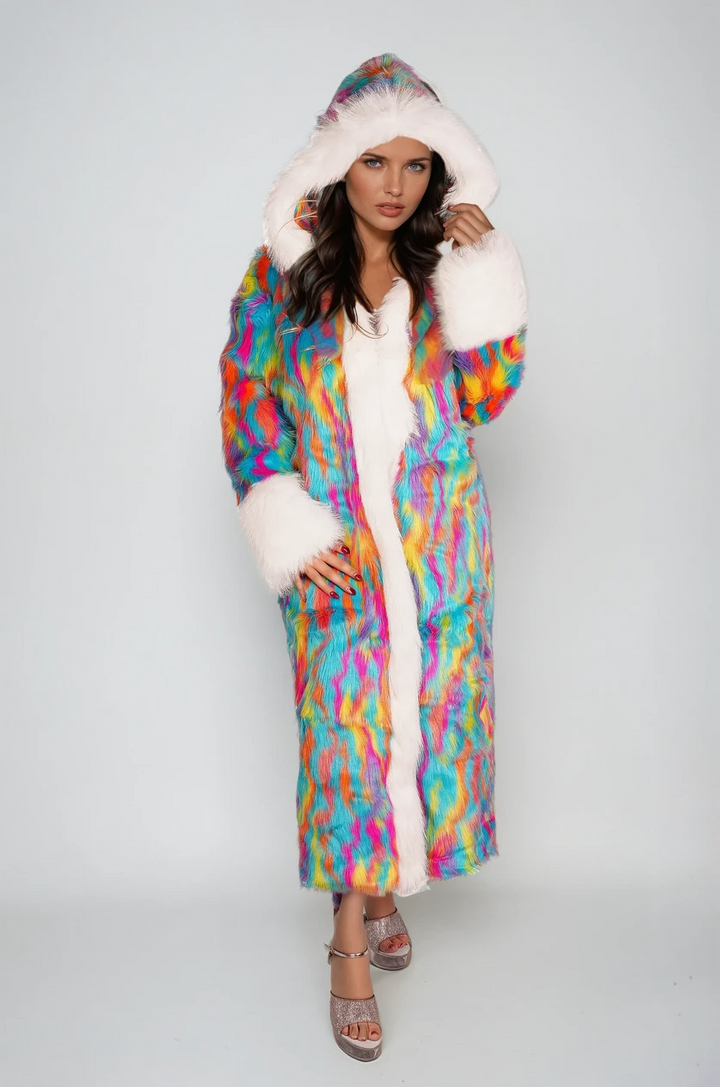 Luxury Splatter Tie Dye Long Coat with Faux Fur Trim