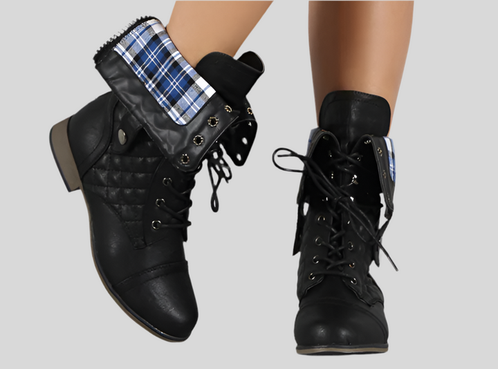 Plaid Cuff Quilted Combat Lace Up Boots