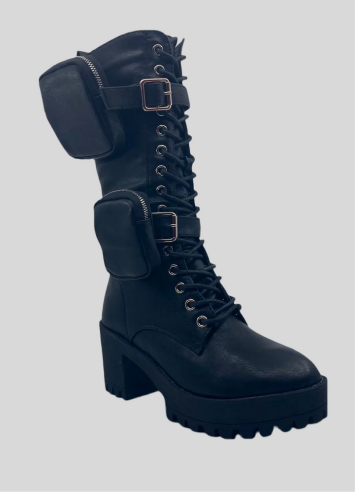 Pouch Accented Full Calf High Tie Up Boots