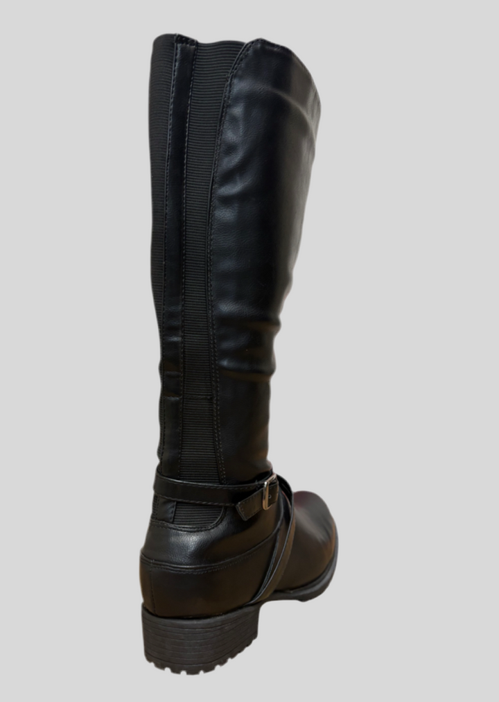 Faux Leather Buckle Round Toe Knee High Boots