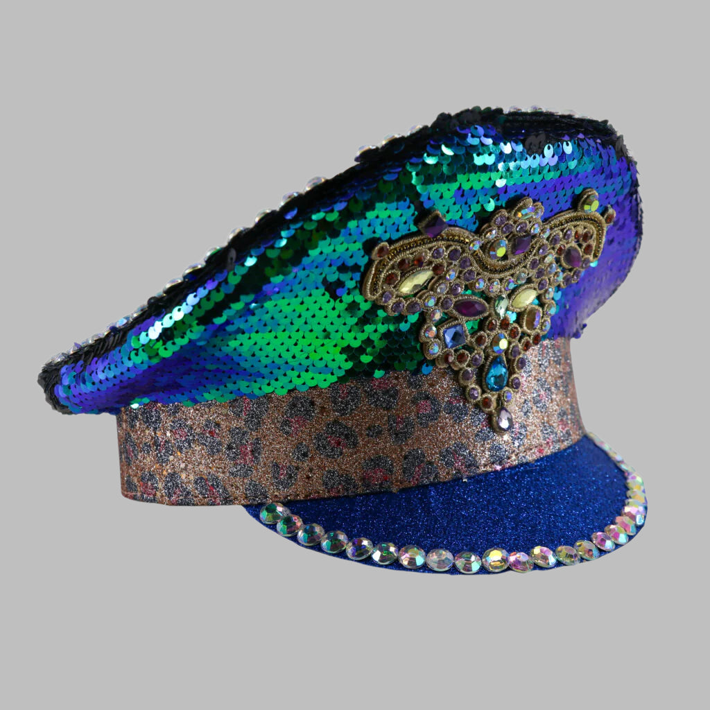 Blue & Black Two-Directional Sequin Police Hat with Ornate Appliqué