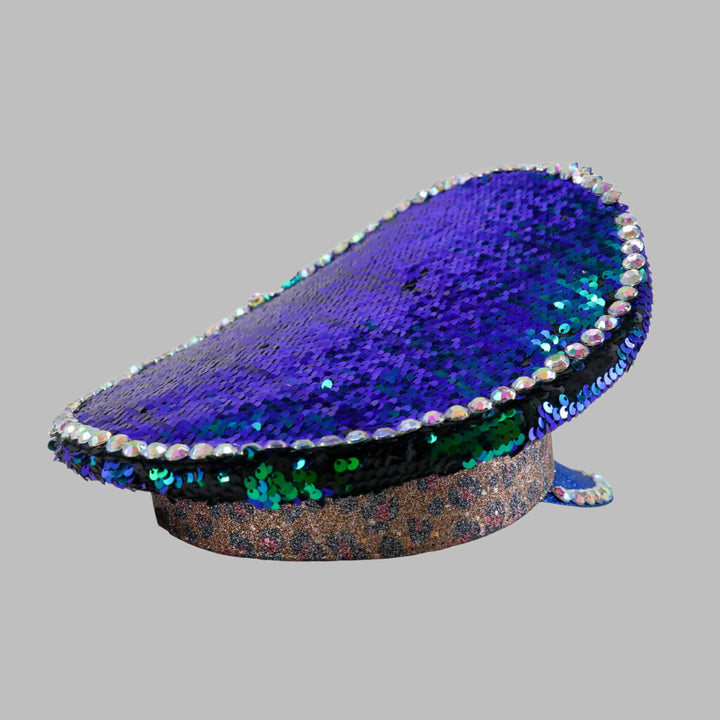 Blue & Black Two-Directional Sequin Police Hat with Ornate Appliqué