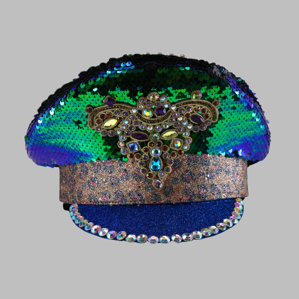 Blue & Black Two-Directional Sequin Police Hat with Ornate Appliqué