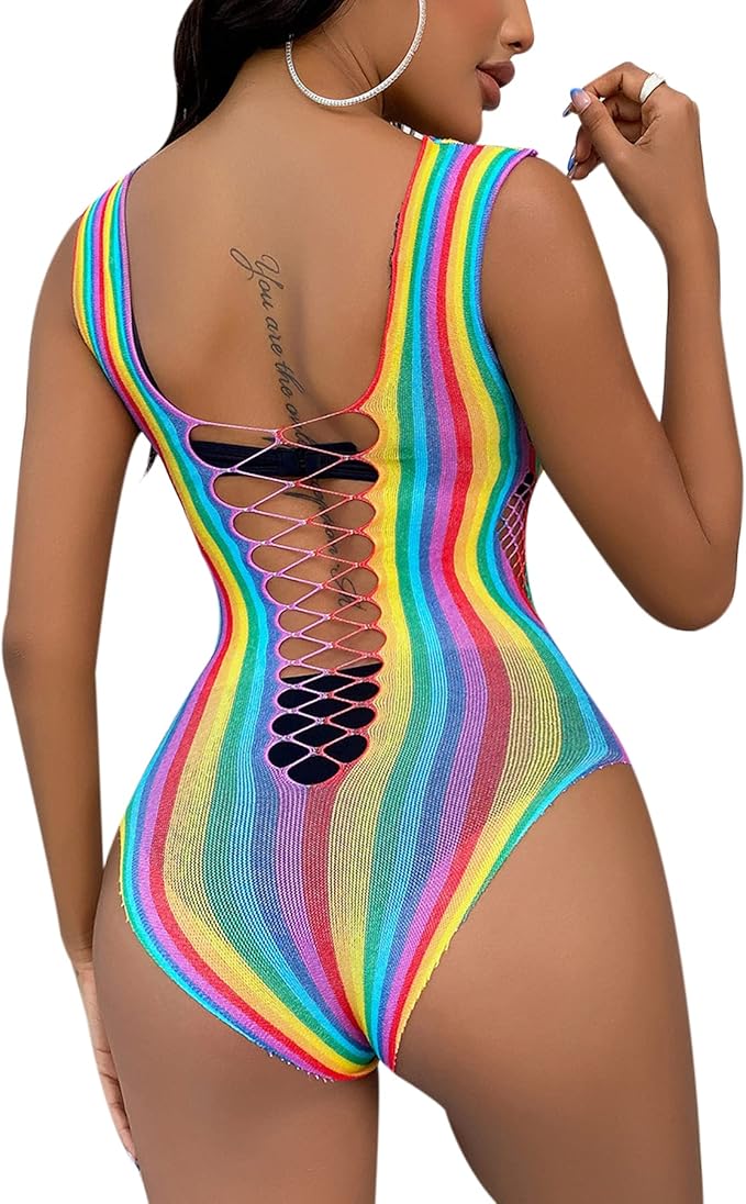 Rainbow Lace-Up Mesh Bodysuit Lingerie