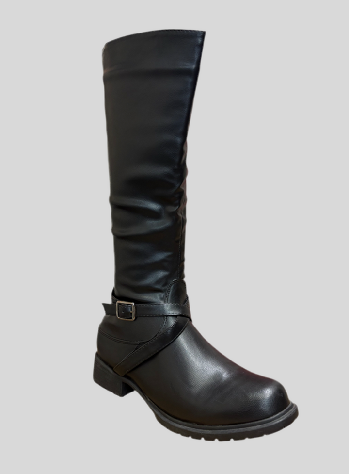 Faux Leather Buckle Round Toe Knee High Boots