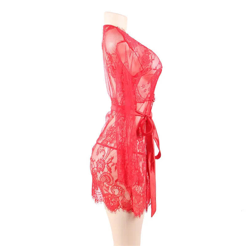 Red Sheer Lace Robe Lingerie Set