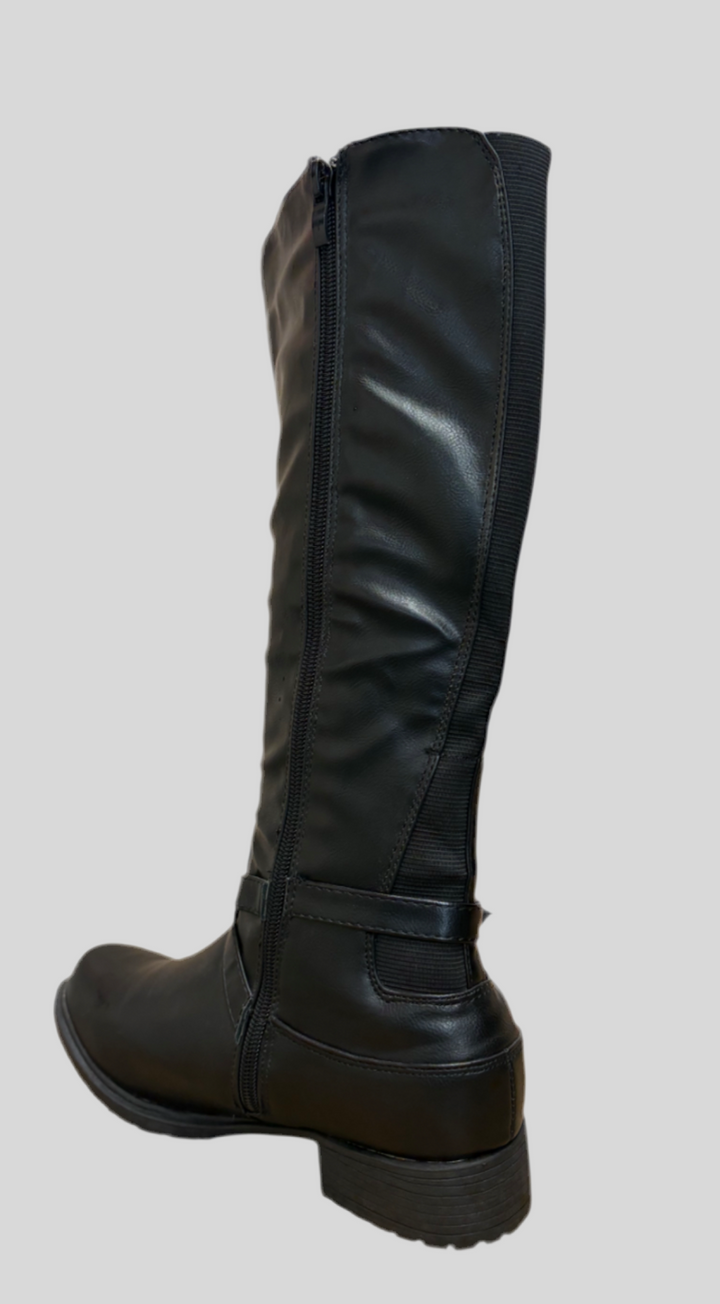 Faux Leather Buckle Round Toe Knee High Boots