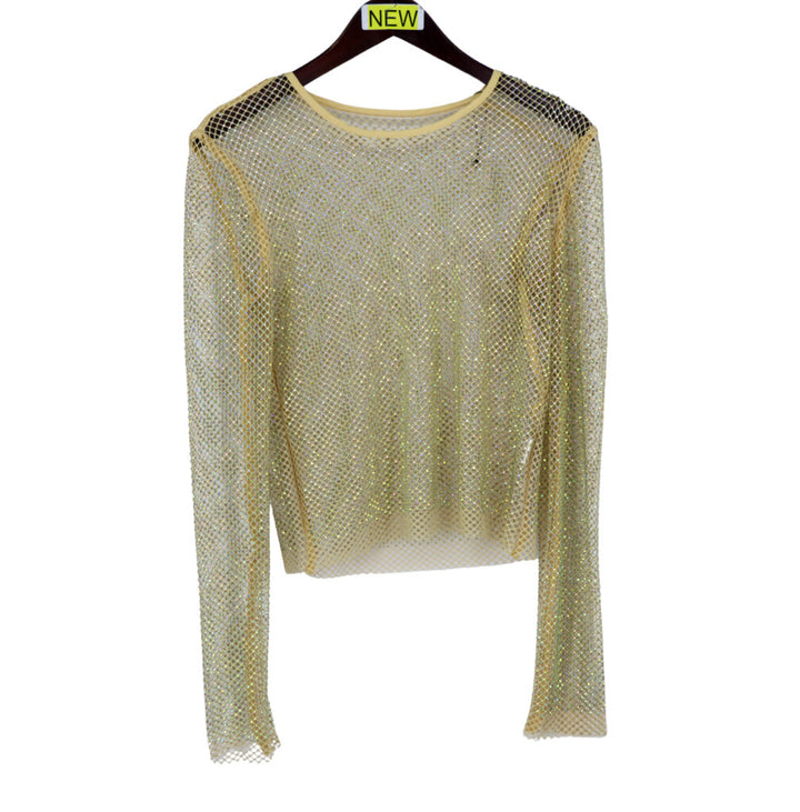 Sparkling Rhinestone Mesh Long-Sleeve Top