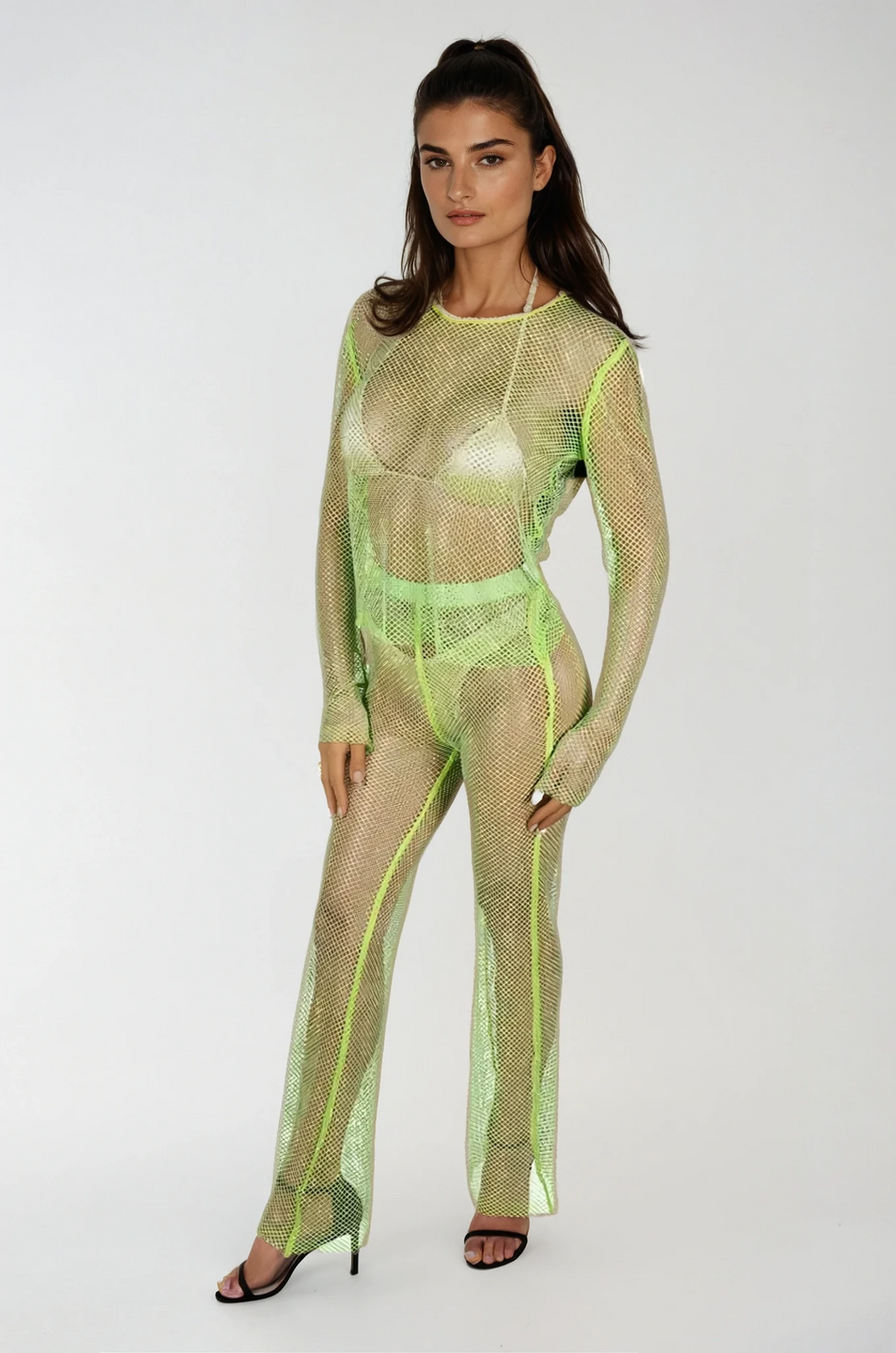 Sparkling Rhinestone Mesh Long-Sleeve Top