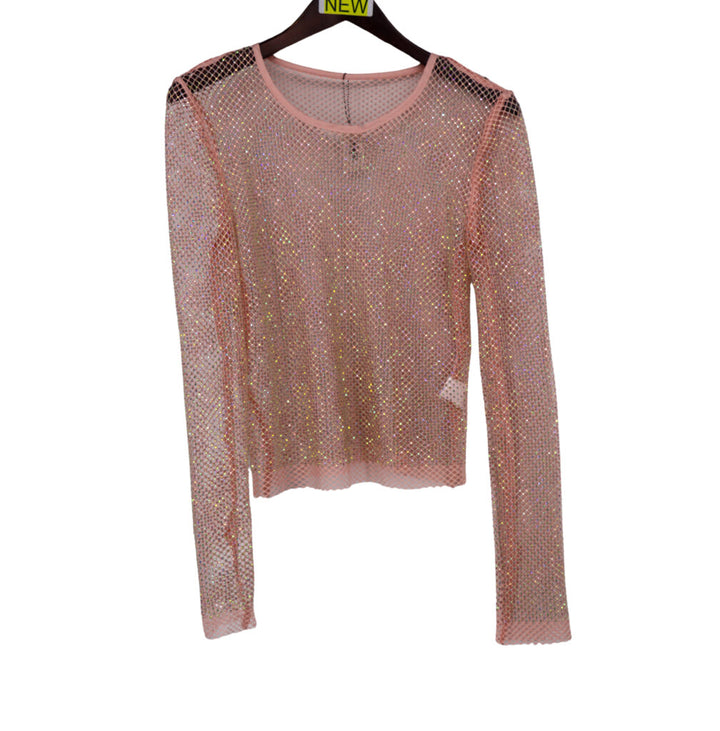 Sparkling Rhinestone Mesh Long-Sleeve Top
