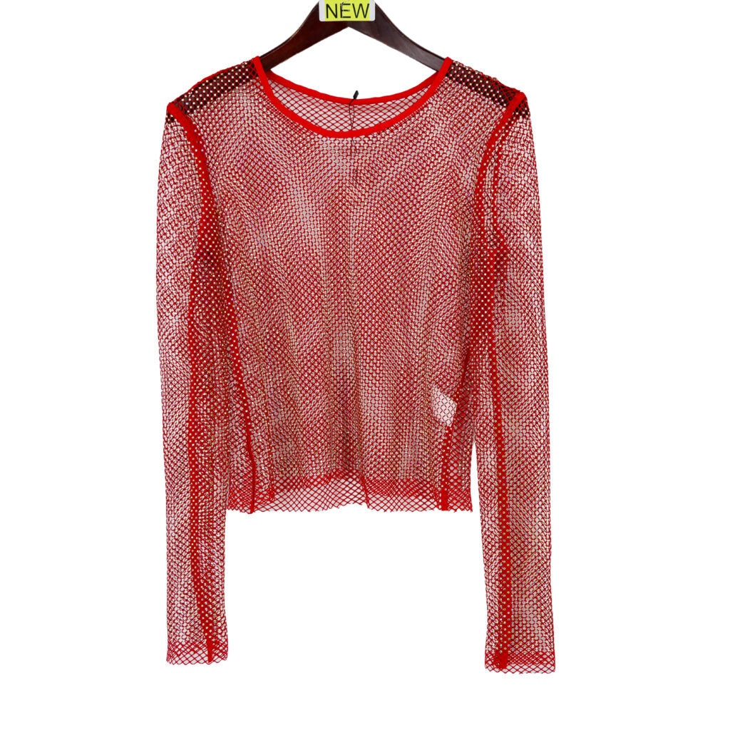 Sparkling Rhinestone Mesh Long-Sleeve Top