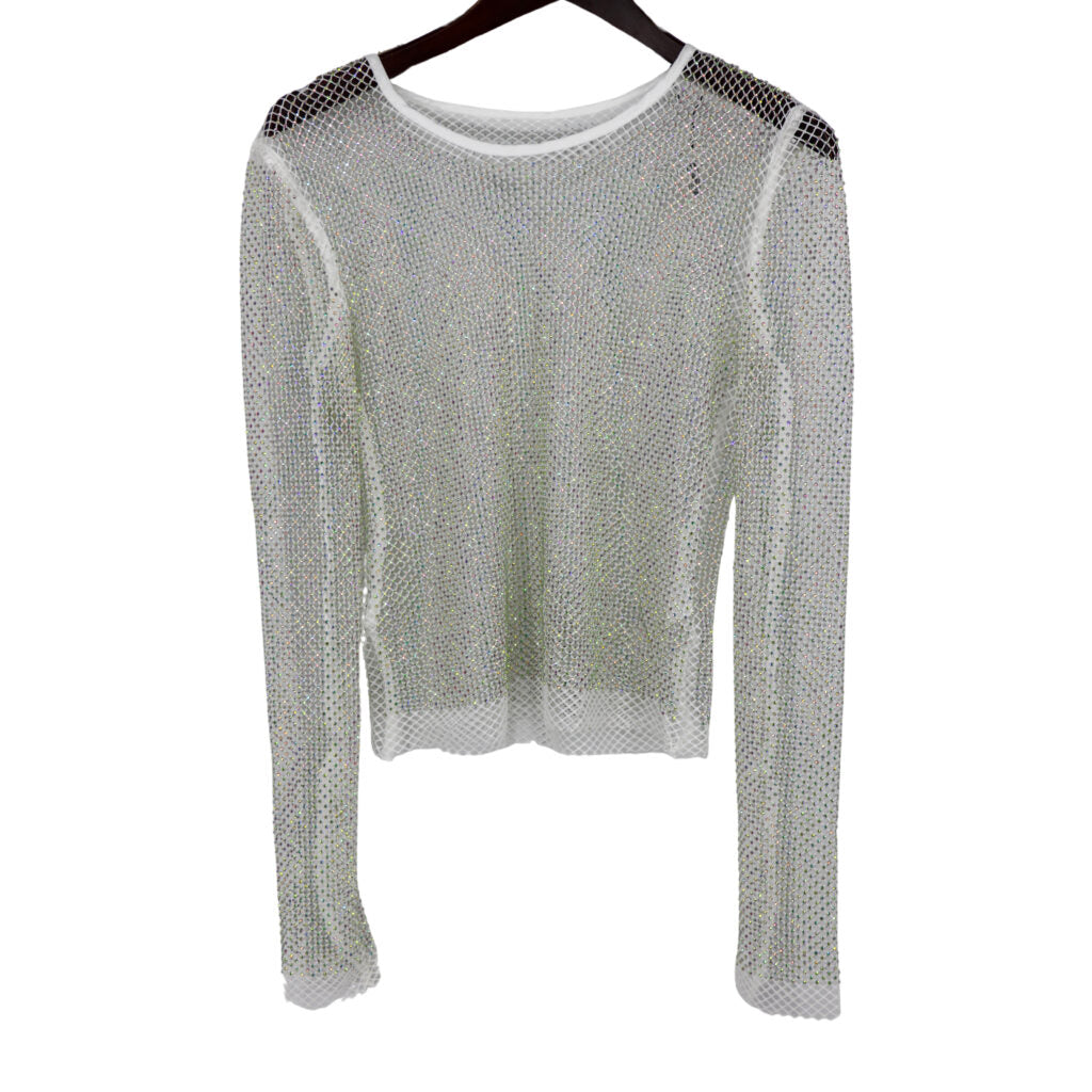 Sparkling Rhinestone Mesh Long-Sleeve Top