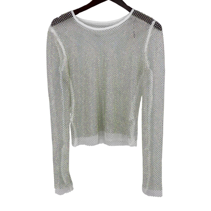 Sparkling Rhinestone Mesh Long-Sleeve Top