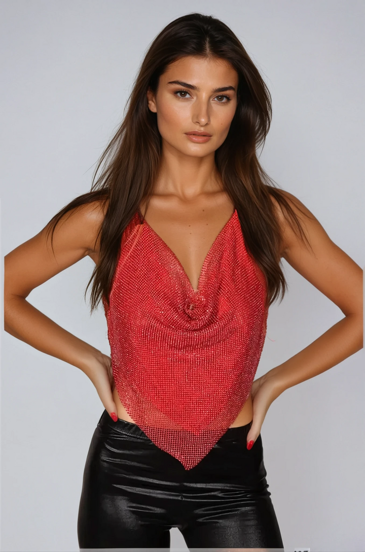 Sparkling Rhinestone V-Shape Top with Lining