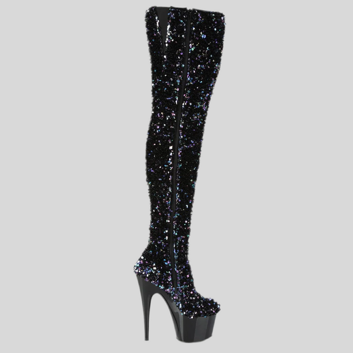Pleaser Sequin Thigh High Platform Boots with Heels
