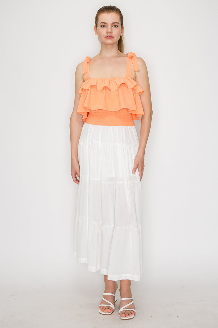 Slit Tiered Elastic Midi Skirt