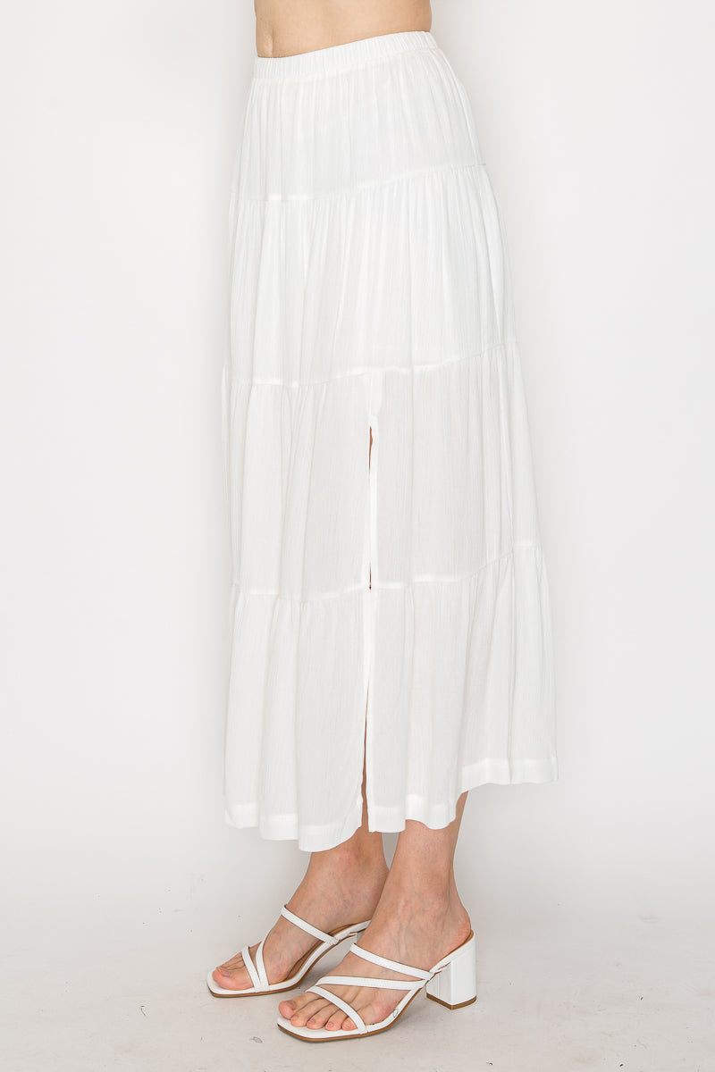 Slit Tiered Elastic Midi Skirt
