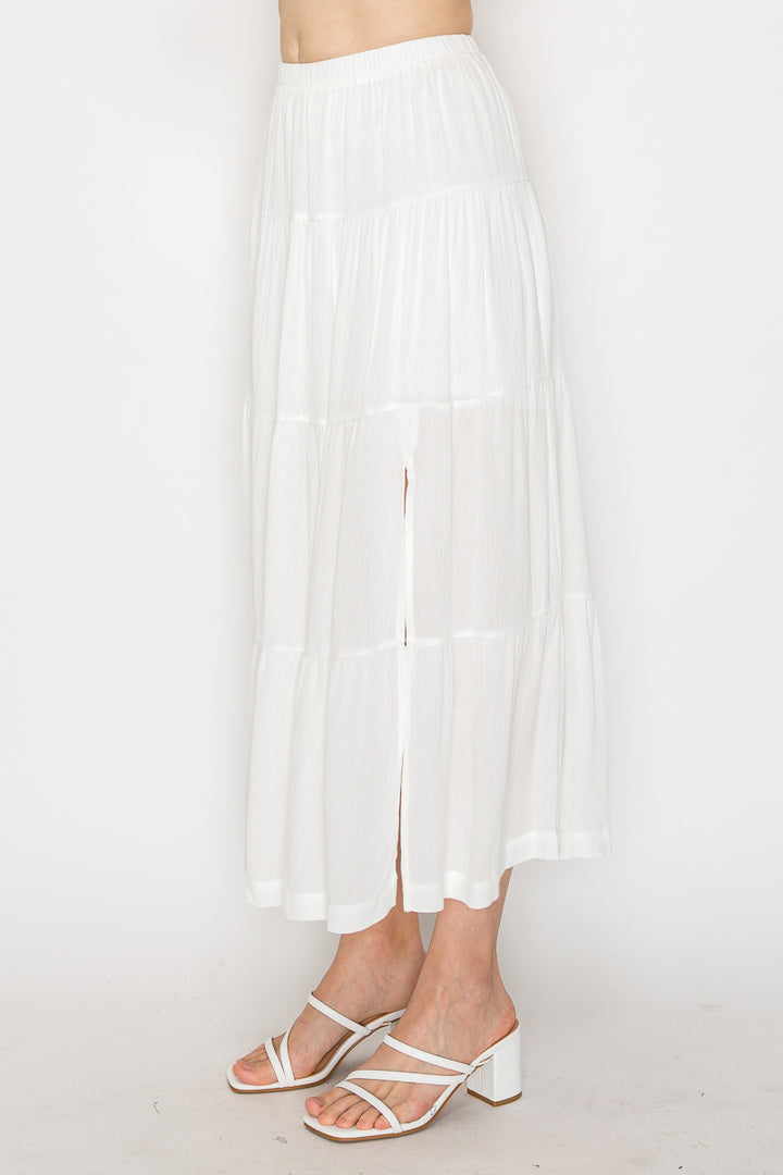 Slit Tiered Elastic Midi Skirt