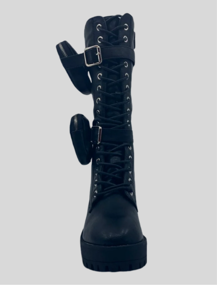 Pouch Accented Full Calf High Tie Up Boots