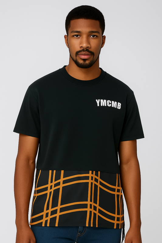 YMCMB Black Split Panel Graphic Tee Shirt