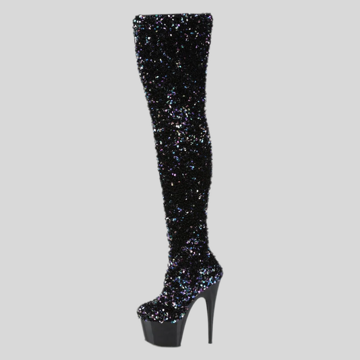 Pleaser Sequin Thigh High Platform Boots with Heels