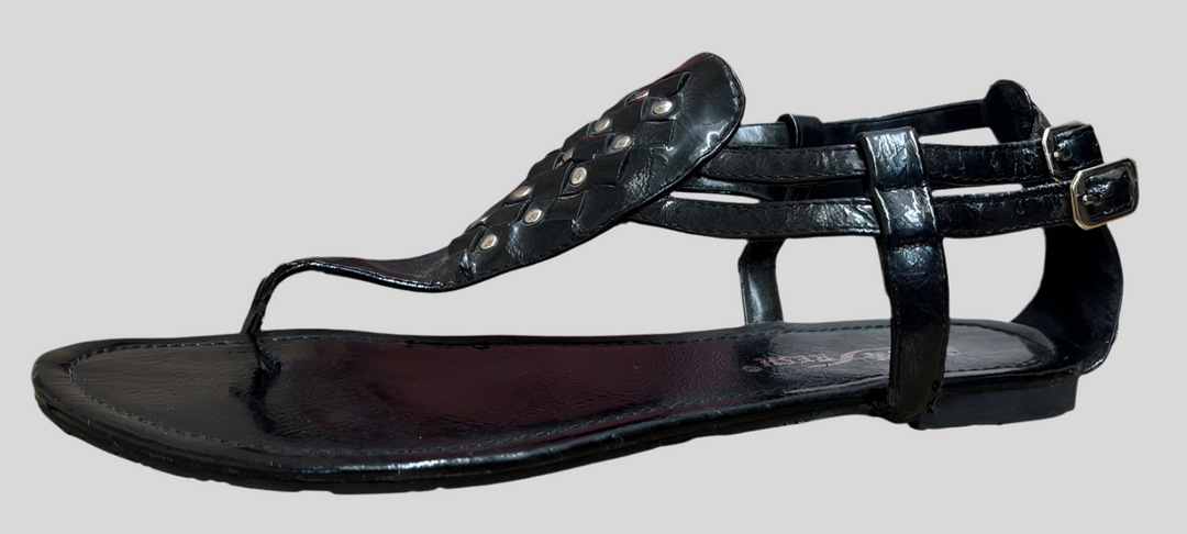 Leatherette Studded Hook and Loop Belted Thong Sandal