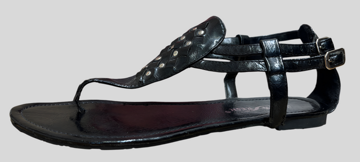 Leatherette Studded Hook and Loop Belted Thong Sandal