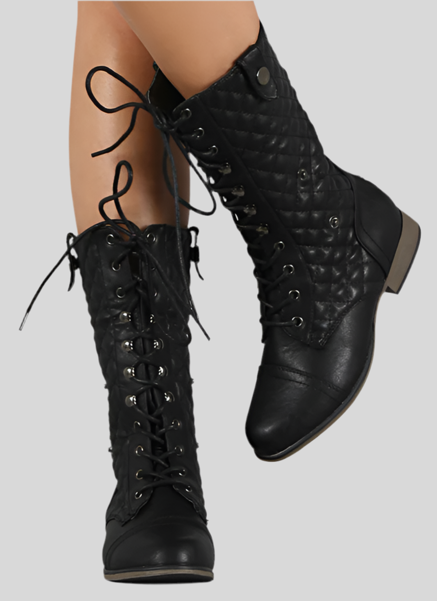 Plaid Cuff Quilted Combat Lace Up Boots