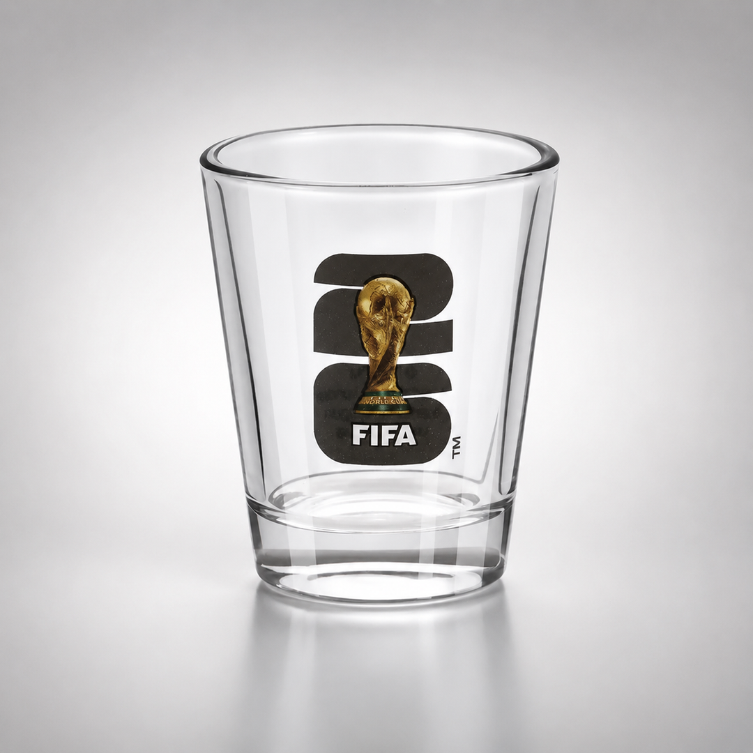 Clear glass with FIFA World Cup trophy design on a gray background