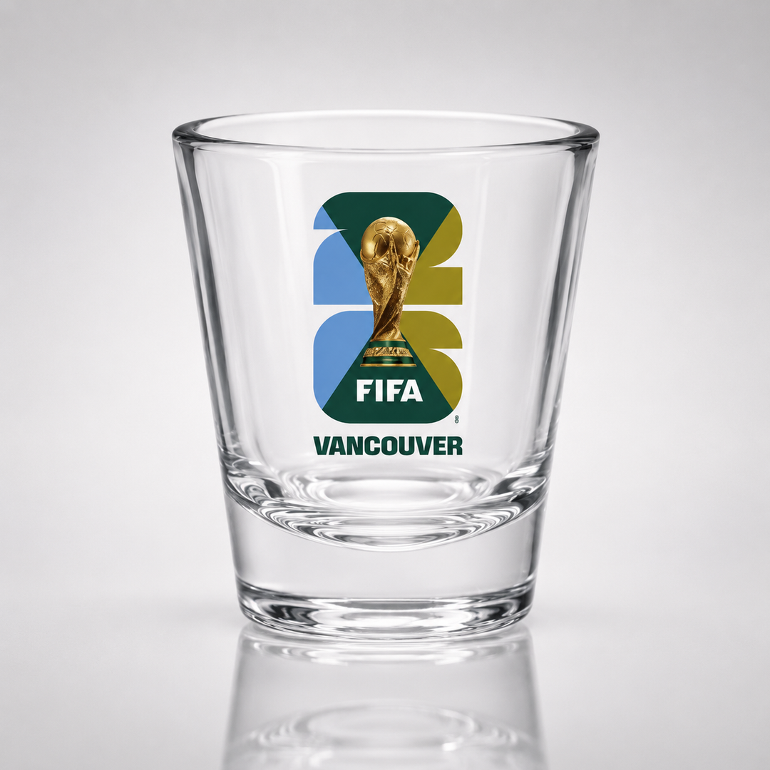 Clear glass with FIFA Vancouver 2016 logo on a white background