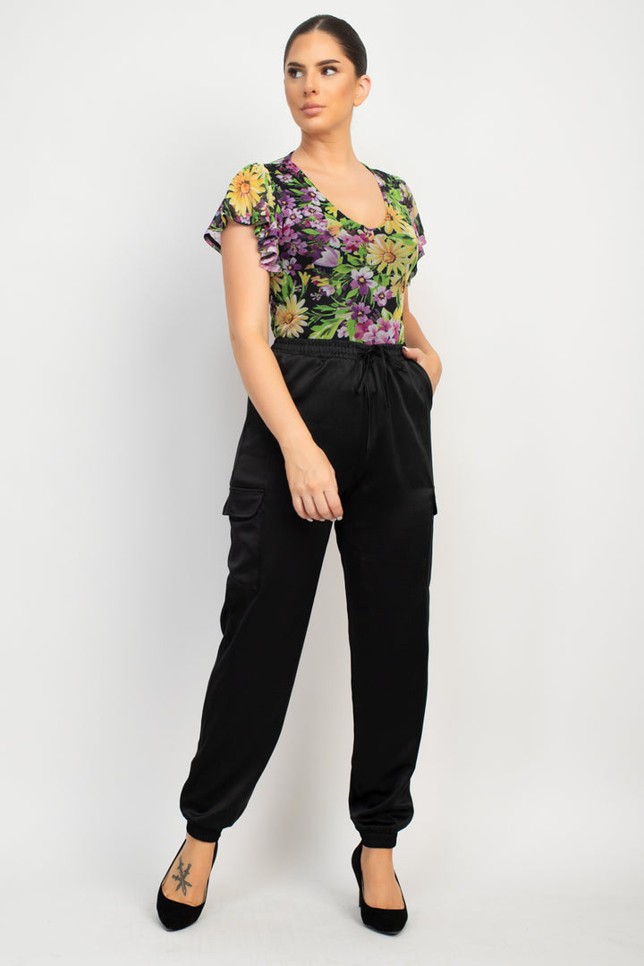 V-Neck Floral Flutter Sleeve Top