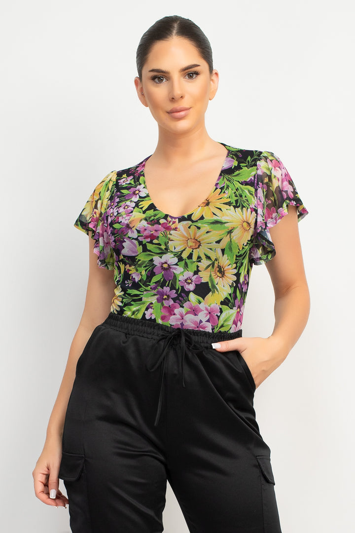 V-Neck Floral Flutter Sleeve Top