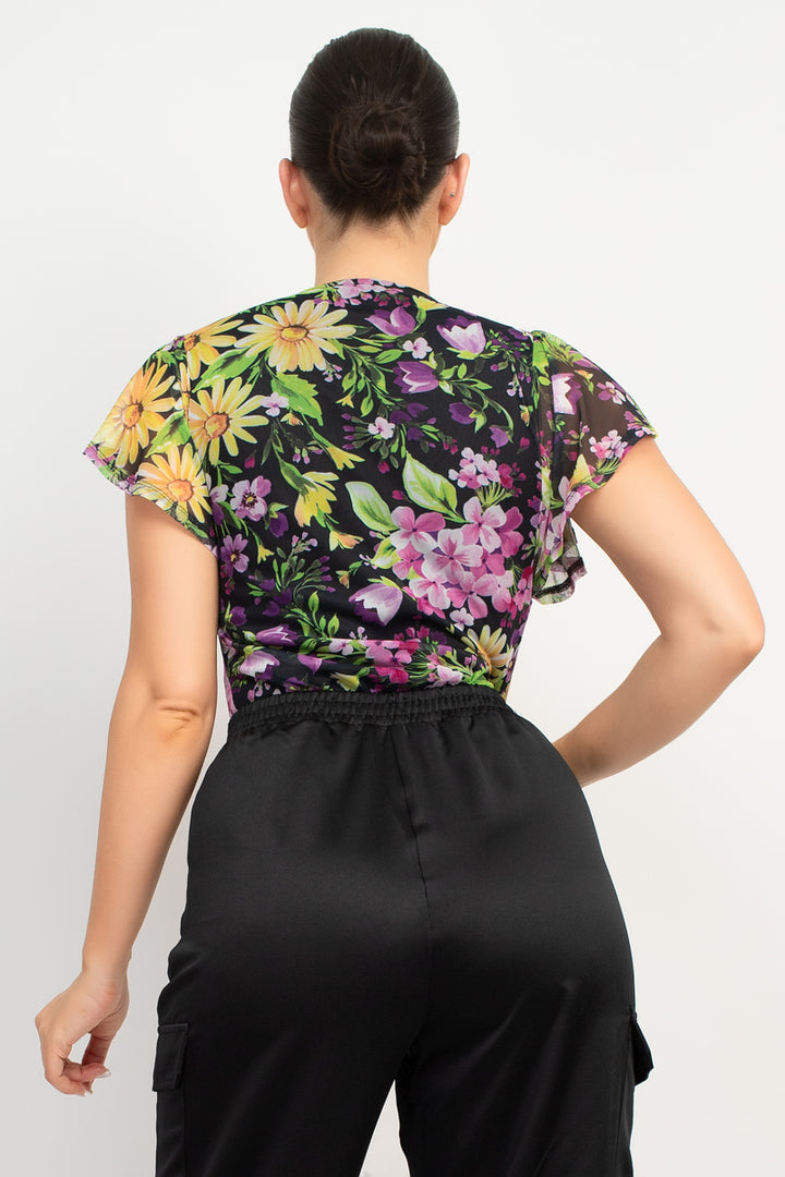 V-Neck Floral Flutter Sleeve Top