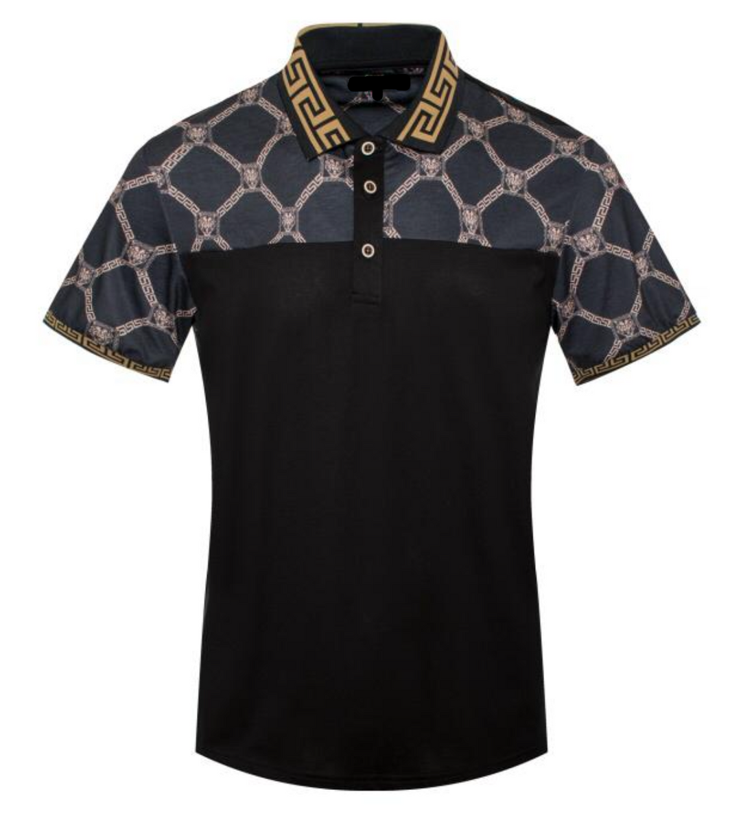 Black polo shirt with patterned shoulders on a white background