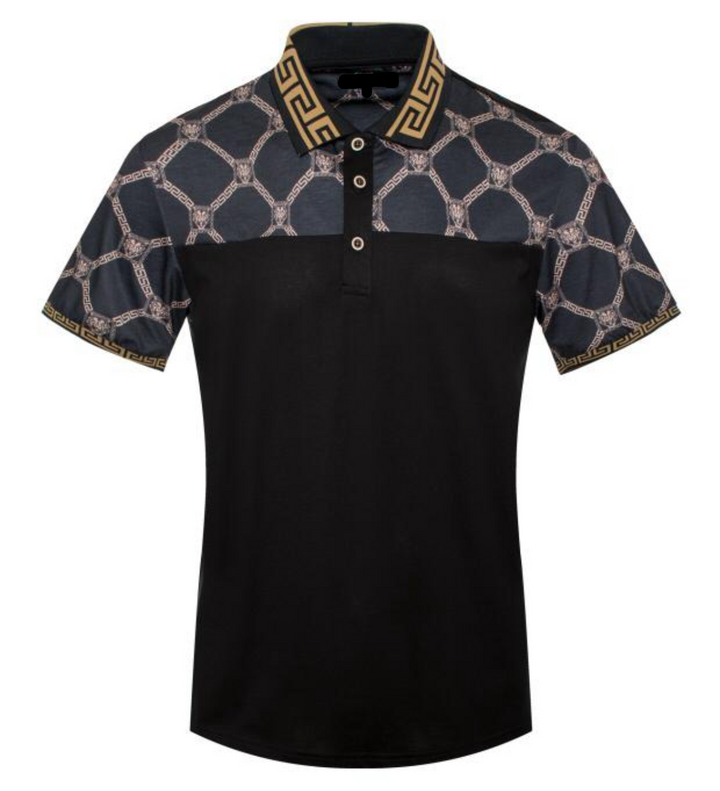 Black polo shirt with patterned shoulders on a white background